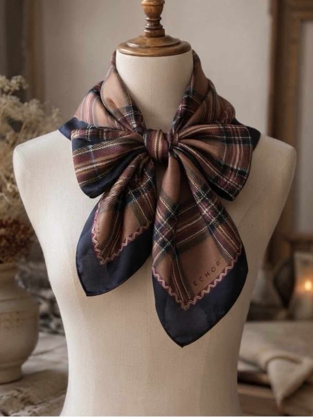 Vintage ECHO Silk Scarf Tartan Plaid Navy Brown Large Square